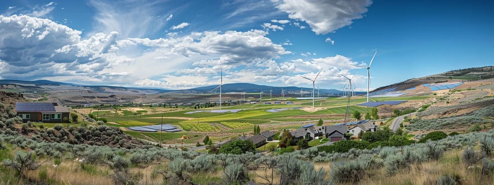 a serene landscape dotted with wind turbines, solar panels, farm fields, and picturesque homes nestled in a sustainable leisure community.