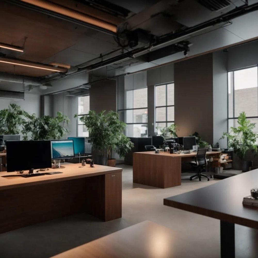 a sleek, modern office workspace is illuminated by ambient lighting, featuring an elegant wooden desk with a high-tech laptop open amidst minimalist decor, conveying a sense of productivity and innovation.
